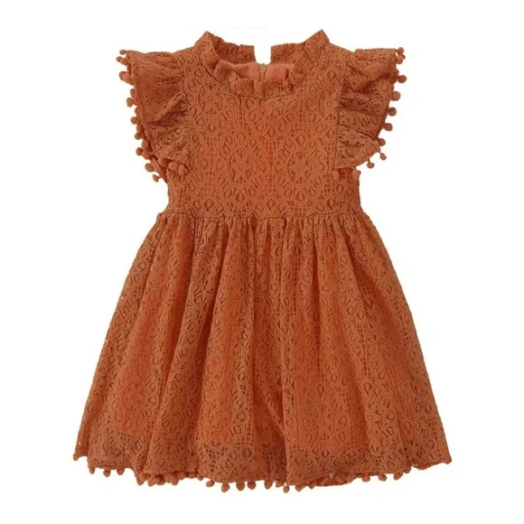 Dresses | Lace Pom Pom Flutter Sleeve Princess Dress Brick Redorange 3t |  Poshmark